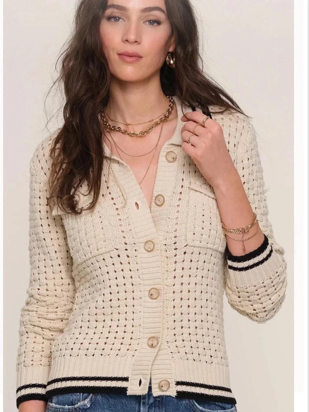 Heartloom Womens Sz Large Posey Cardi Cardigan Sweater Beige Black Marble Button